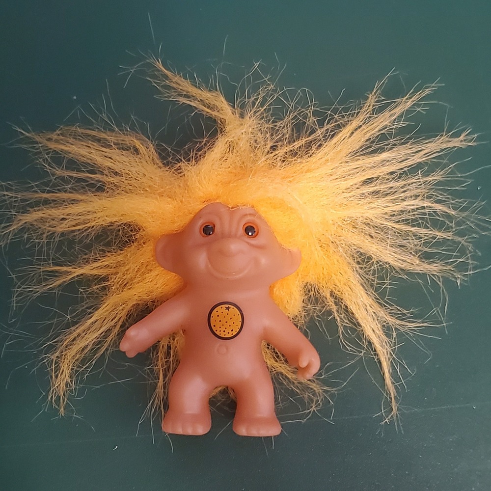 Vintage Russ Berrie Troll Doll Yellow Orange Logo Hair Belly Button 3 Inch Toy